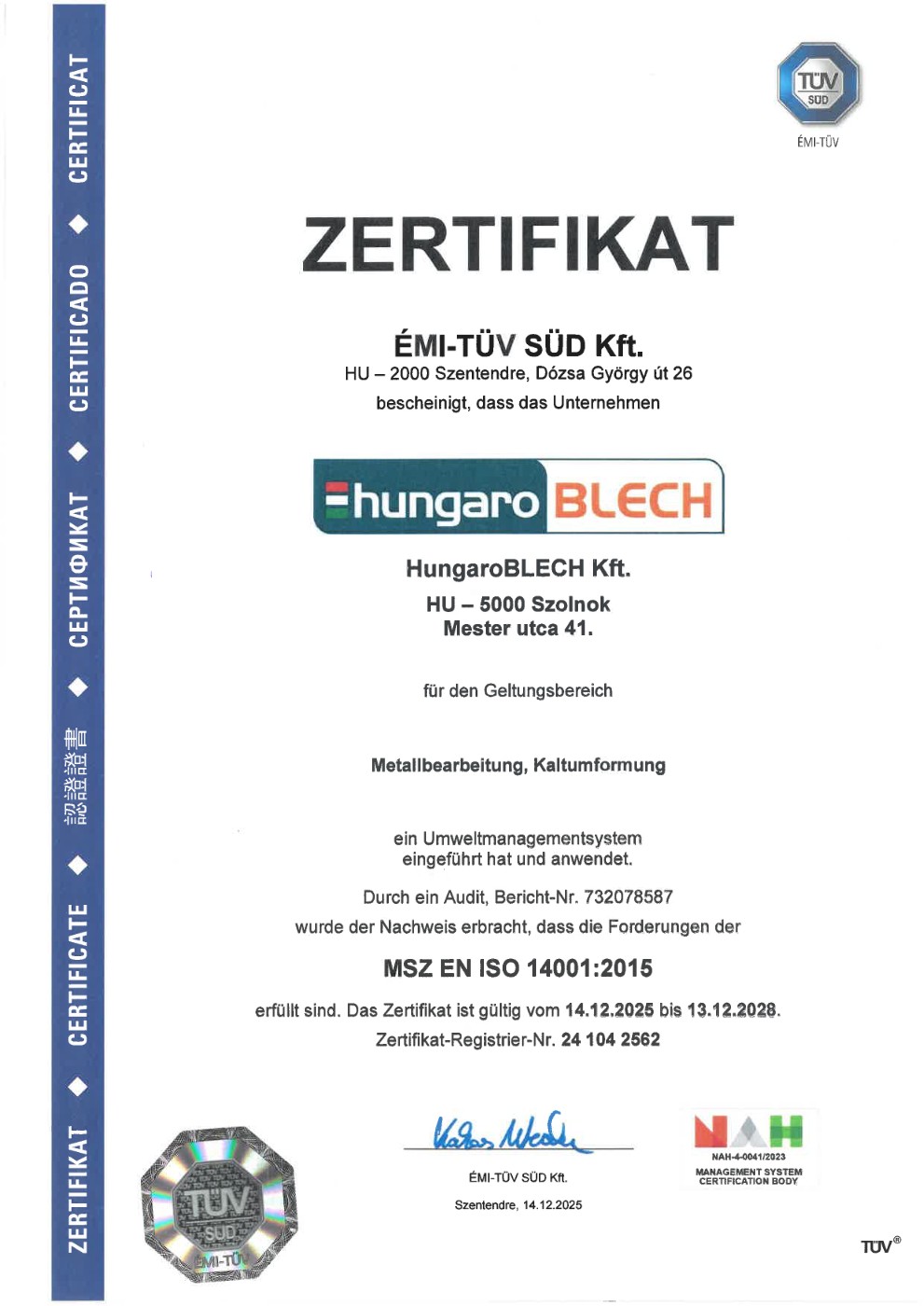 MSZ EN ISO 14001-2015 Zertifikat