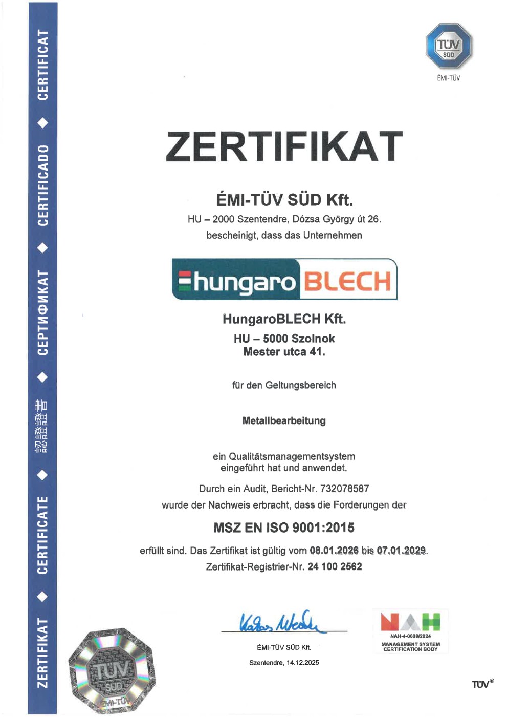 MSZ EN ISO 9001-2015 Zertifikat