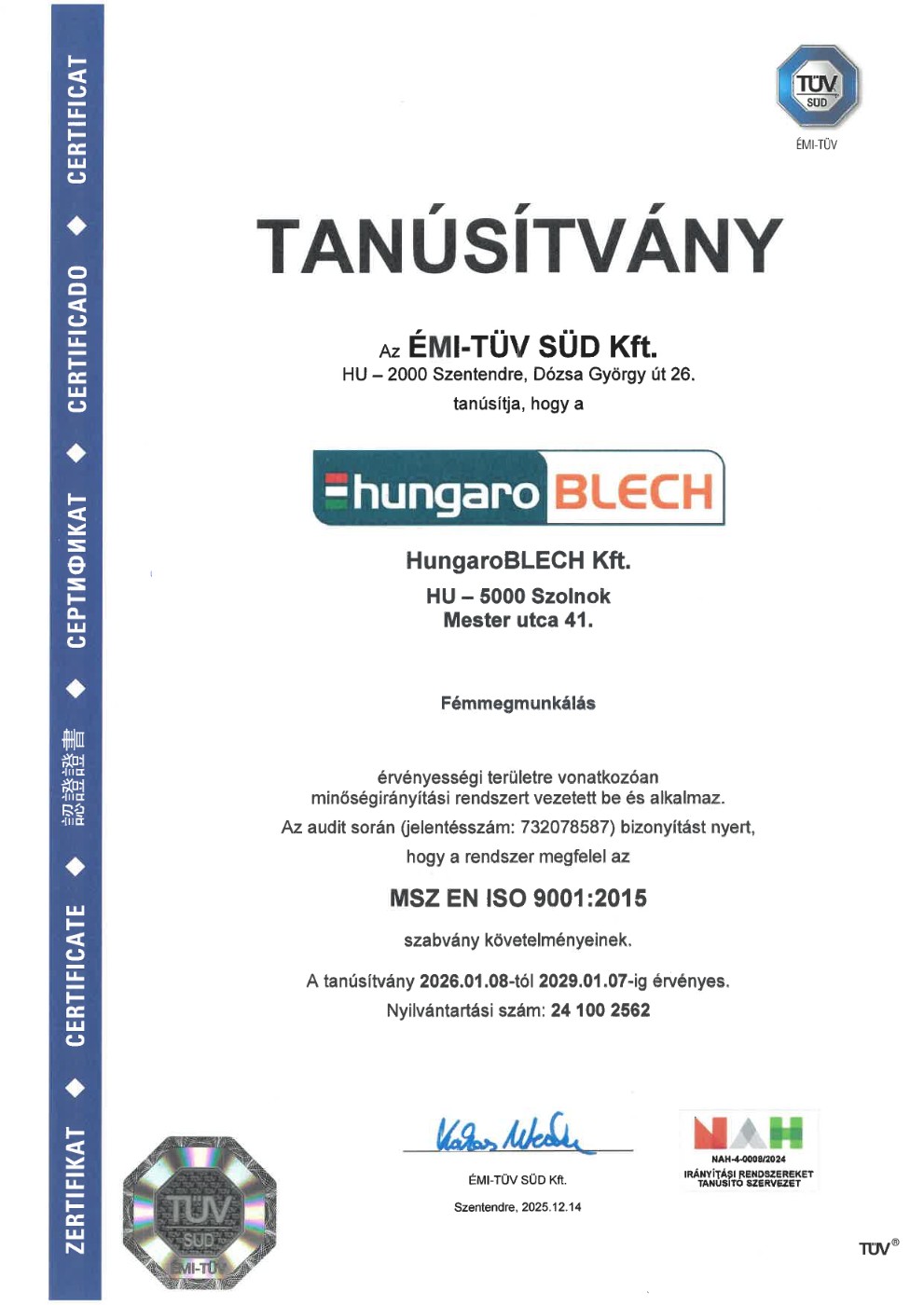 Tanúsítvány MSZ EN ISO 9001-2015