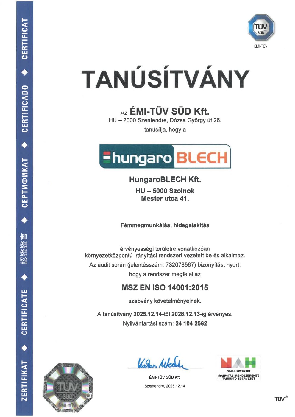 Tanúsítvány MSZ EN ISO 14001-2025